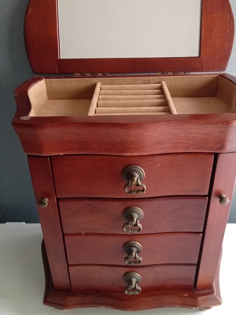 Kohls Wooden Jewelry Armoire Chest Cherry Finish 4 Drawers Side Doors Mirror
